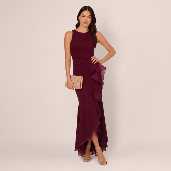 Adrianna Papell High Low Crepe Halter Gown With Organza Draping - Picture 4 of 8